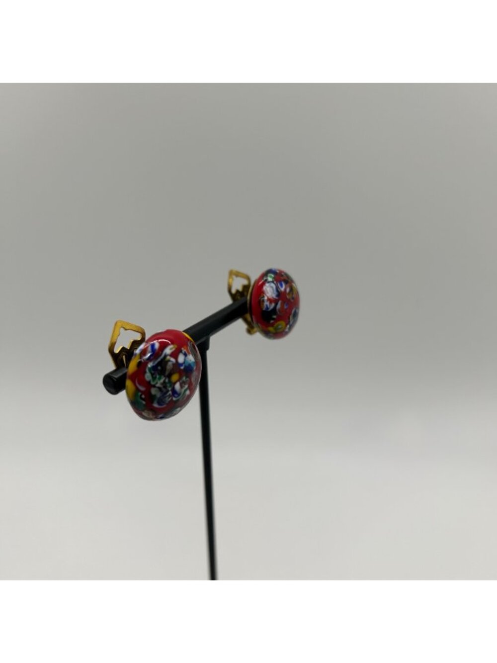 Millefiori Glass Clip-On Earrings Red Dome Multi-Color Mosaic Vintage - Picture 15 of 16